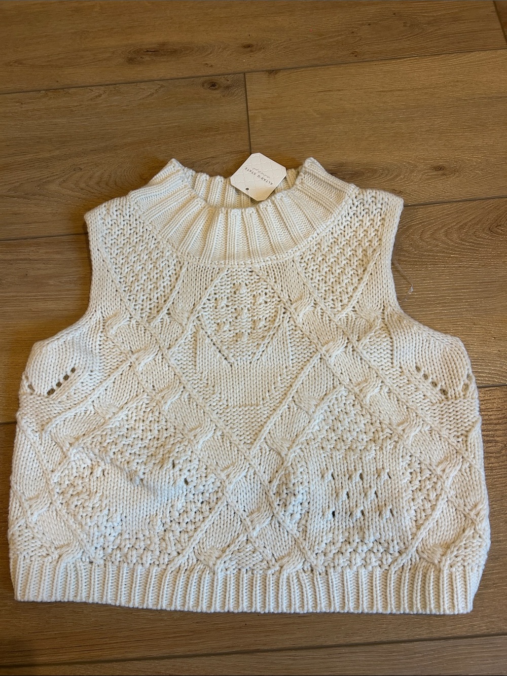 Altar'd State Cream Cable Knit Sleeveless Mockneck Sweater